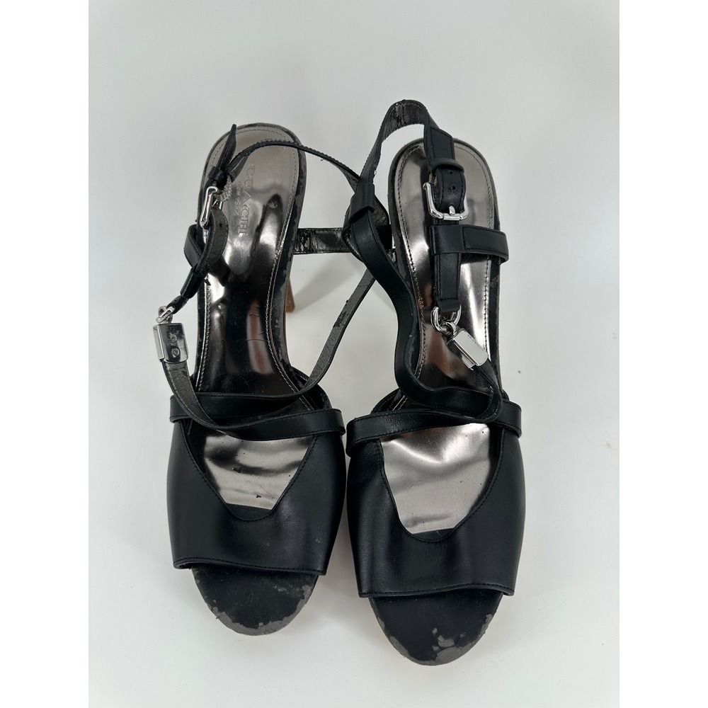 Coach Black Leather Wood‎ Platform Stiletto Sandals Silver Turnlock Heels Sz 10B